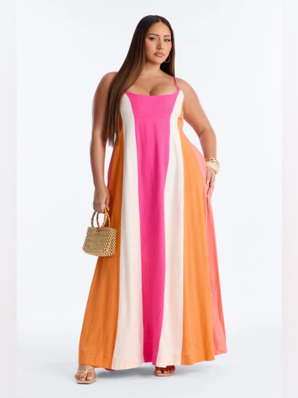 Fashion Nova Pink, White & Orange Colorblock Spaghetti-Strap Maxi Dress